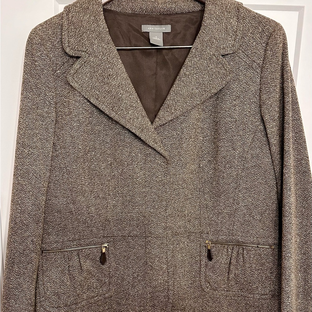 Ann Taylor peplum brown and green tweed blazer